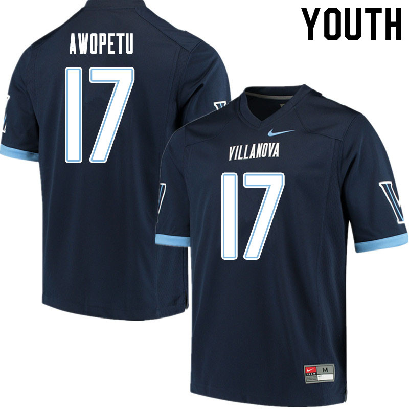Youth #17 Nowoola Awopetu Villanova Wildcats College Football Jerseys Sale-Navy - Click Image to Close